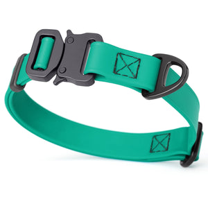 Teal dog collar with metal buckle and D-ring, 3/4 inch wide, adjustable, made from waterproof Biothane