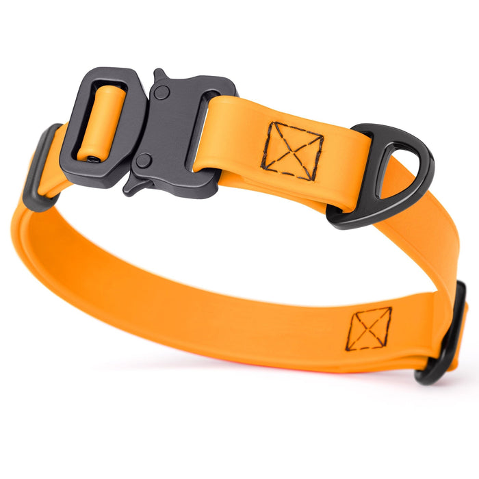 Tangerine Orange dog collar with metal buckle and D-ring, 3/4 inch wide, adjustable, made from waterproof Biothane