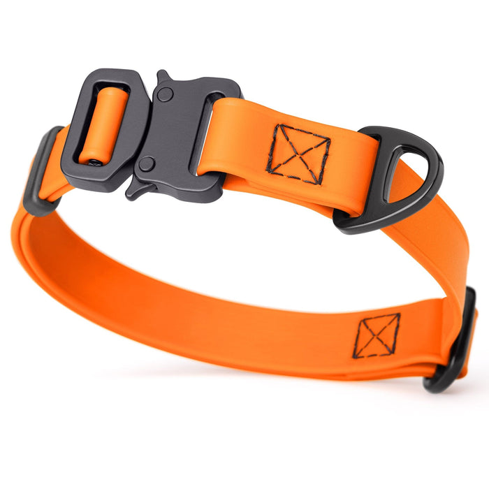 Hunter Orange dog collar with metal buckle and D-ring, 3/4 inch wide, adjustable, made from waterproof Biothane