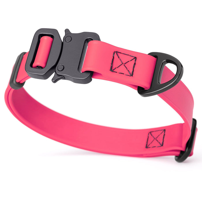 Passionfruit Pink dog collar with metal buckle and D-ring, 3/4 inch wide, adjustable, made from waterproof Biothane