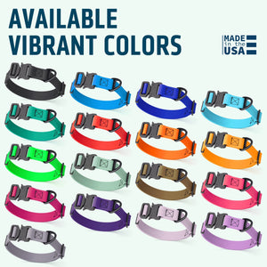Biothane collars for dogs with quick release buckle and metal hardware are available in 17 colors. Made in the USA