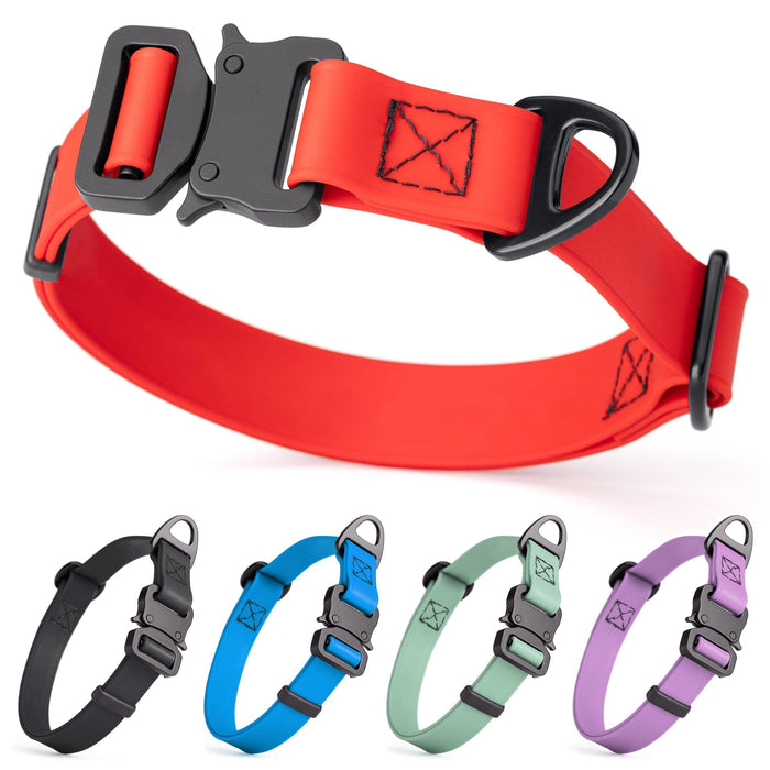 Biothane dog collars with metal side release buckle and D-ring, adjustable. Red, black, blue, sage, purple and other colors available