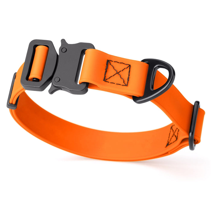 Hunter Orange Biothane dog collar with metal buckle and D-ring, 1 inch wide, adjustable