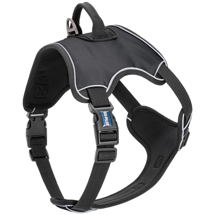 Black dog harness with top handle, back and front leash attachment, quick release buckle, and adjustable straps. Made from neoprene