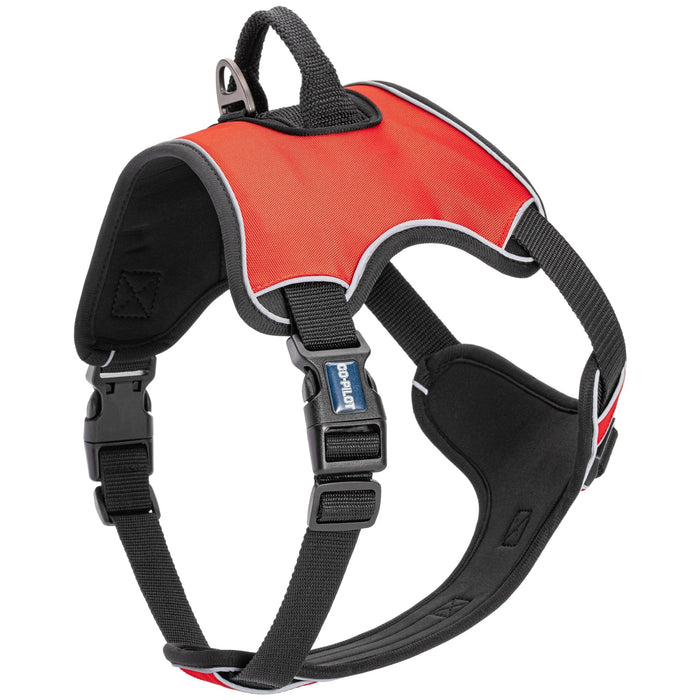 Red dog harness with top handle, back and front leash attachment, quick release buckle, and adjustable straps. Made from neoprene