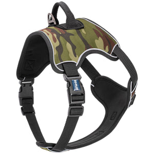 Green Camo dog harness with top handle, back and front leash attachment, quick release buckle, and adjustable straps. Made from neoprene
