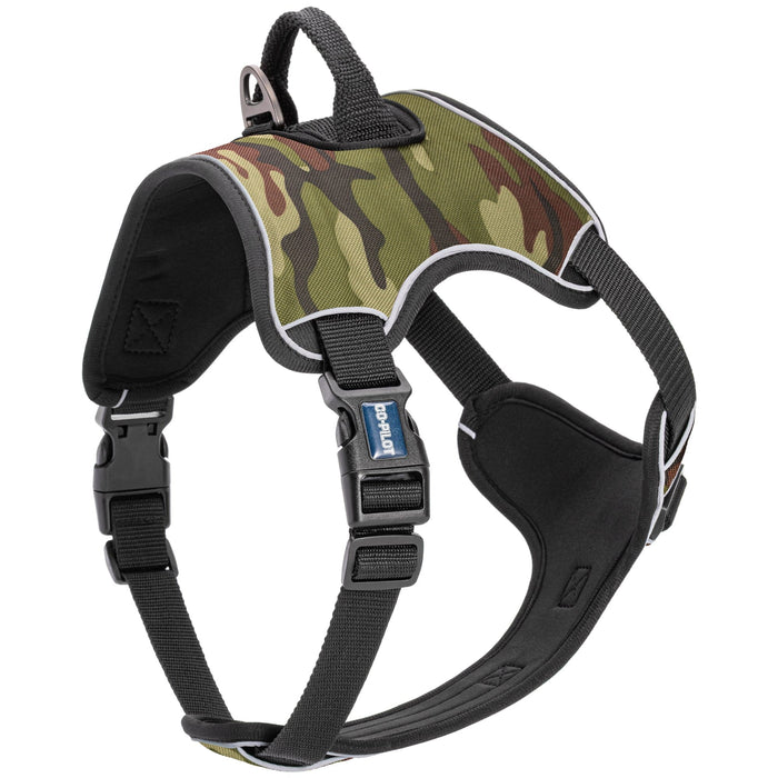 Green Camo dog harness with top handle, back and front leash attachment, quick release buckle, and adjustable straps. Made from neoprene