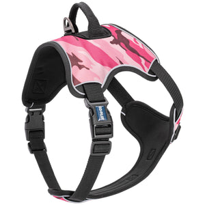 Pink Camo dog harness with top handle, back and front leash attachment, quick release buckle, and adjustable straps. Made from neoprene