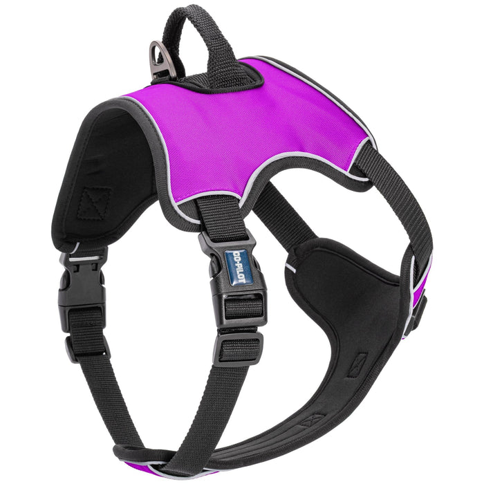 Pink dog harness with top handle, back and front leash attachment, quick release buckle, and adjustable straps. Made from neoprene