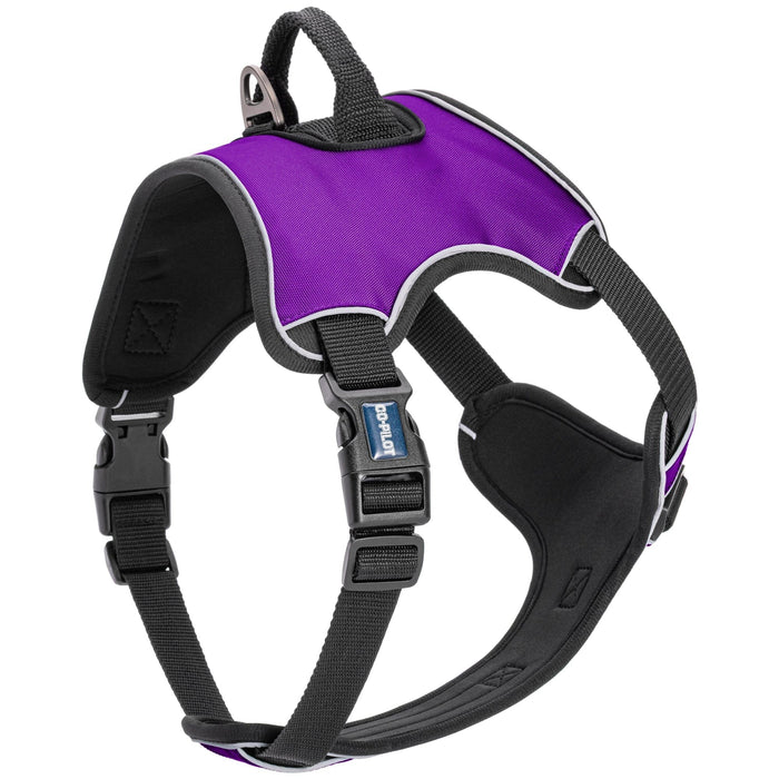 Purple dog harness with top handle, back and front leash attachment, quick release buckle, and adjustable straps. Made from neoprene