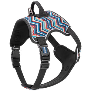 Aztec pattern dog harness with top handle, back and front leash attachment, quick release buckle, and adjustable straps. Made from neoprene