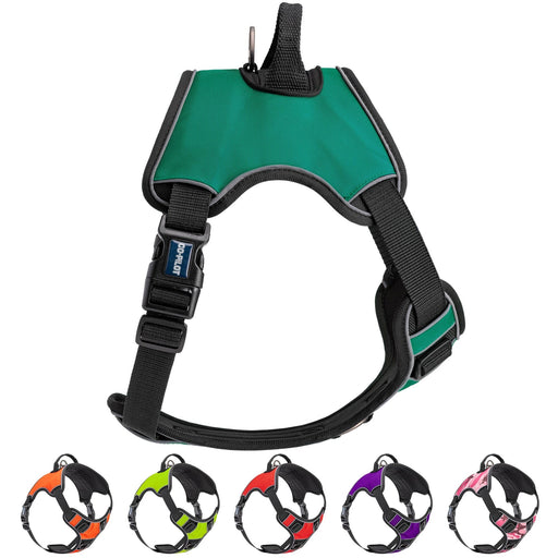 Adjustable dog harness with top handle and quick release buckles, made from nylon and neoprene. Teal, orange, lime green, red, purple, pink camo, and other colors available