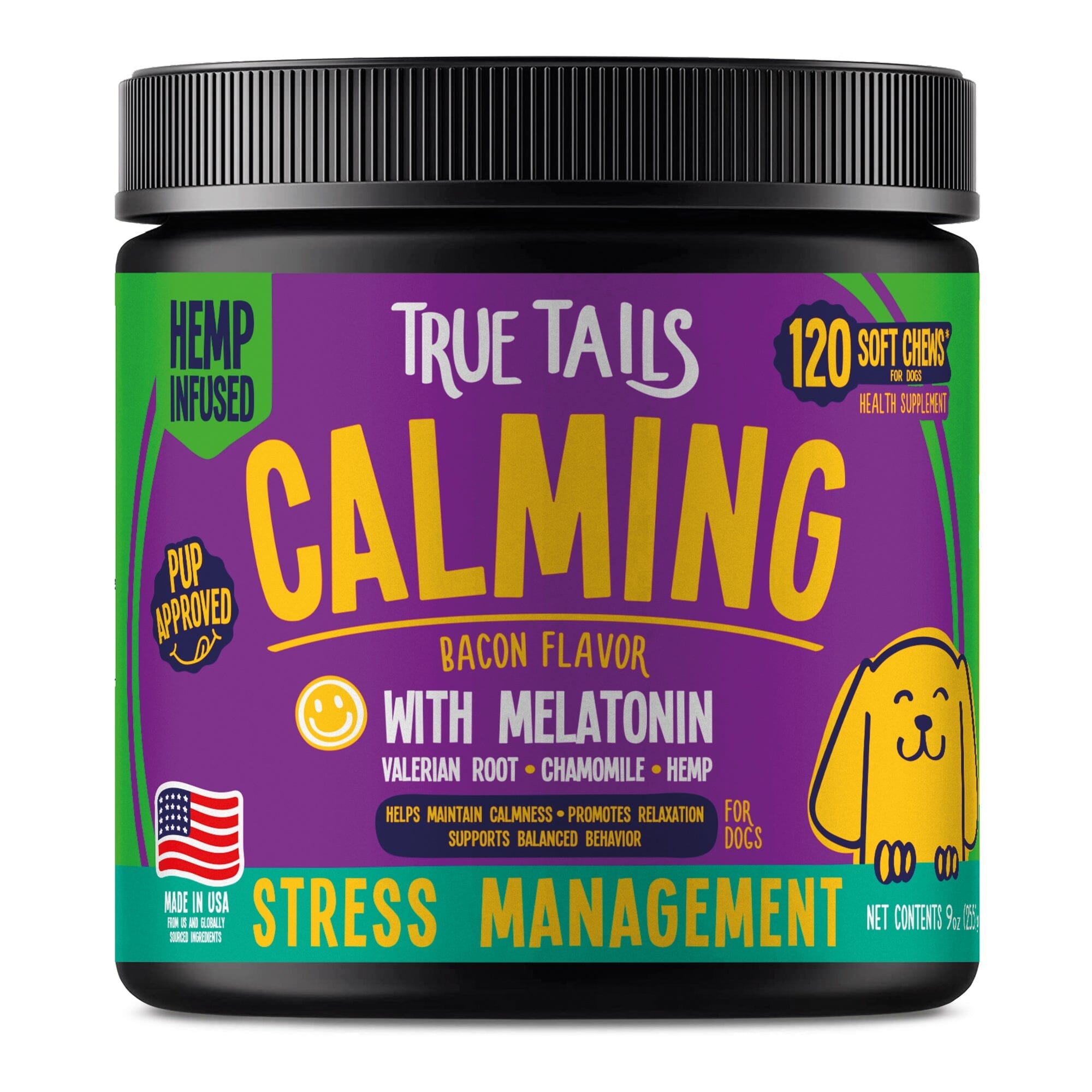 Jar of True Tails calming dog chews with melatonin and hemp, bacon flavor.