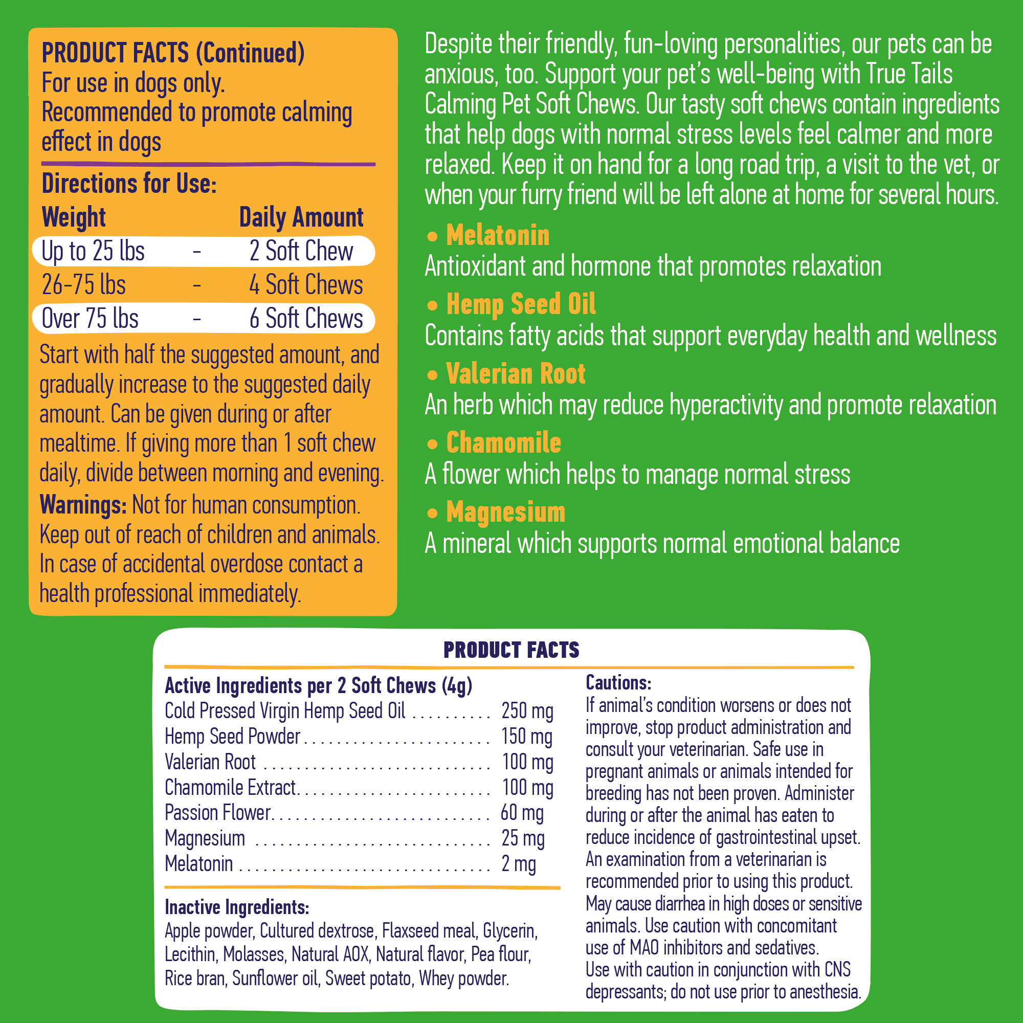 Product label for calming pet chews with ingredients and usage instructions.