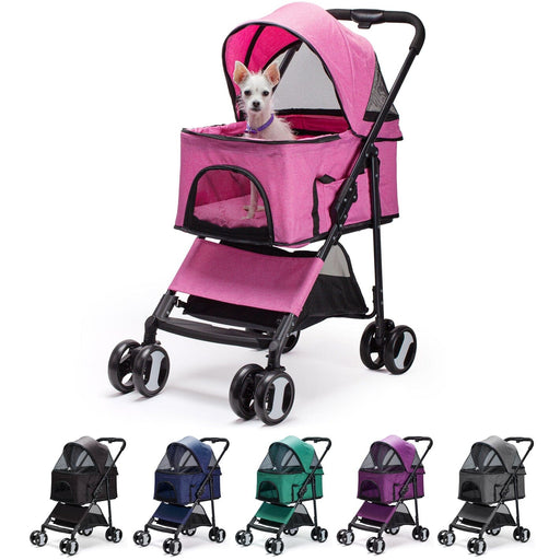 Collapsible 4 wheel pet stroller with removable cradle and mesh screens, pink and 5 other color options 