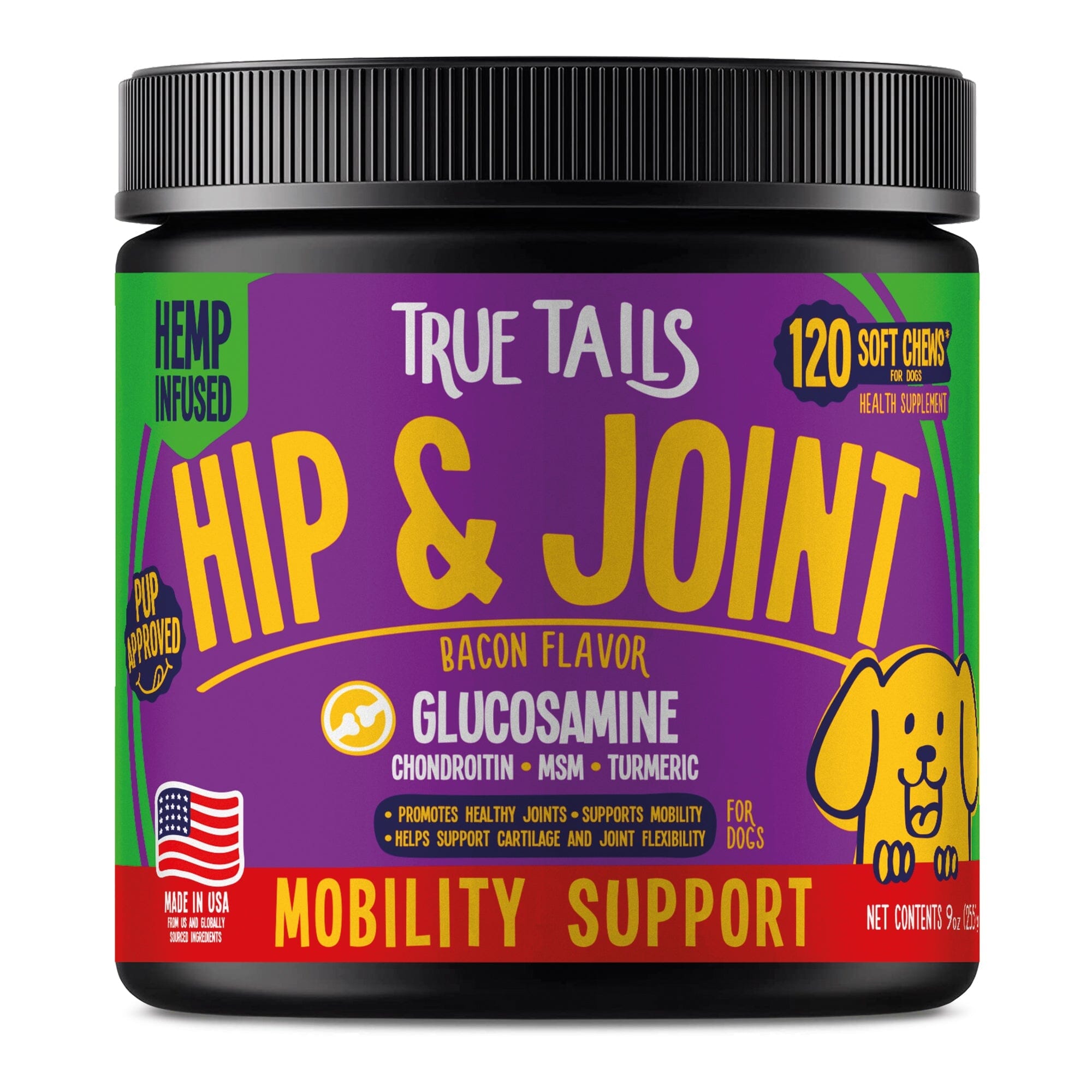 Container of True Tails Hip & Joint dog chews with colorful label.