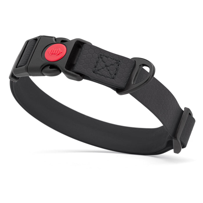 Black waterproof dog collar with plastic safety lock buckle and metal D-ring, adjustable