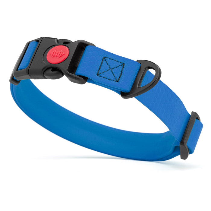 Blue waterproof dog collar with plastic safety lock buckle and metal D-ring, adjustable