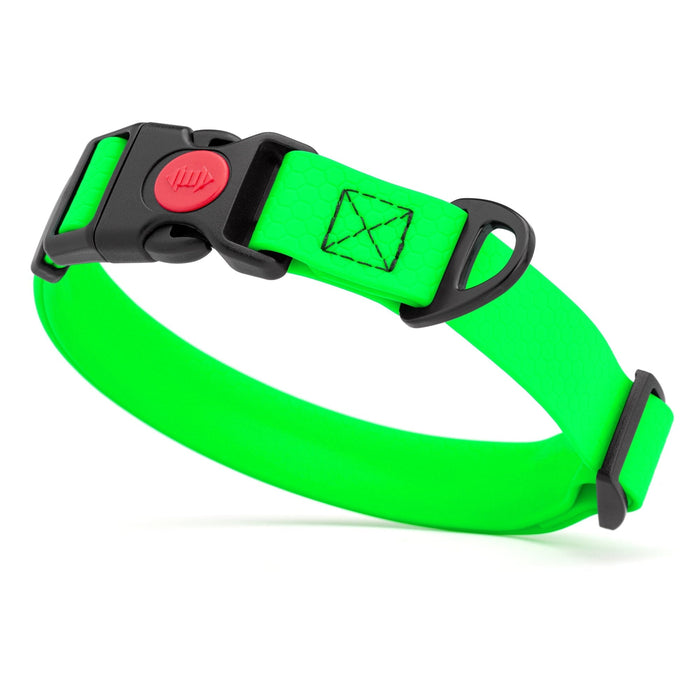 Green waterproof dog collar with plastic safety lock buckle and metal D-ring, adjustable