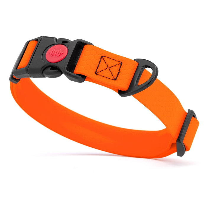 Orange waterproof dog collar with plastic safety lock buckle and metal D-ring, adjustable