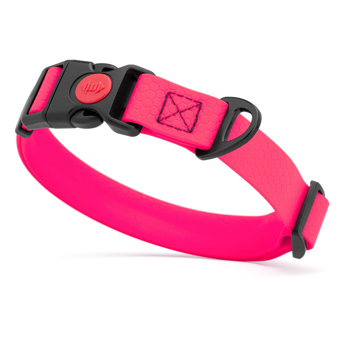 Pink waterproof dog collar with plastic safety lock buckle and metal D-ring, adjustable