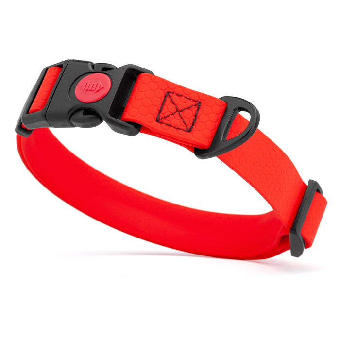Red waterproof dog collar with plastic safety lock buckle and metal D-ring, adjustable