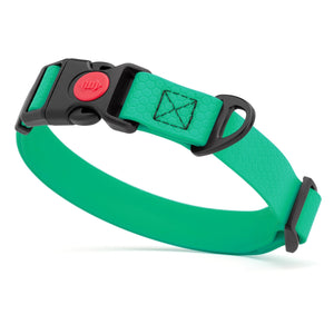 Teal waterproof dog collar with plastic safety lock buckle and metal D-ring, adjustable