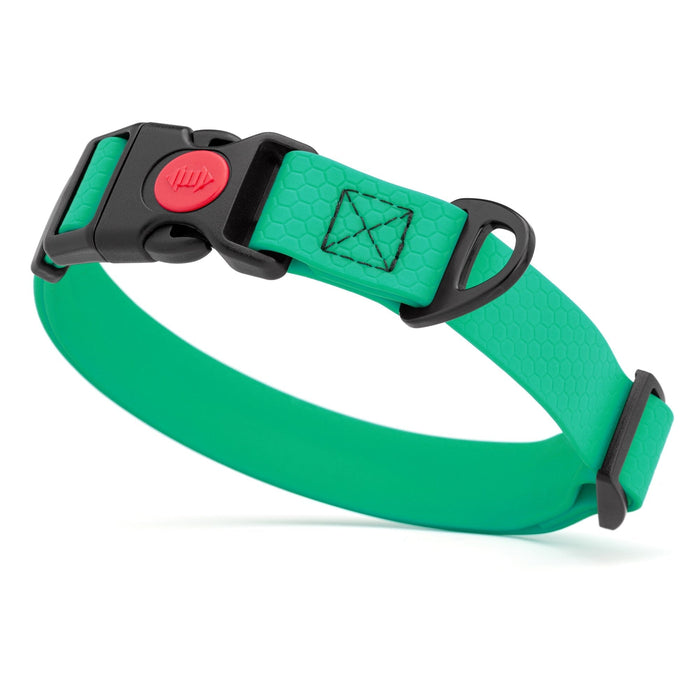 Teal waterproof dog collar with plastic safety lock buckle and metal D-ring, adjustable