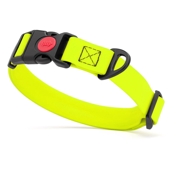 Yellow waterproof dog collar with plastic safety lock buckle and metal D-ring, adjustable