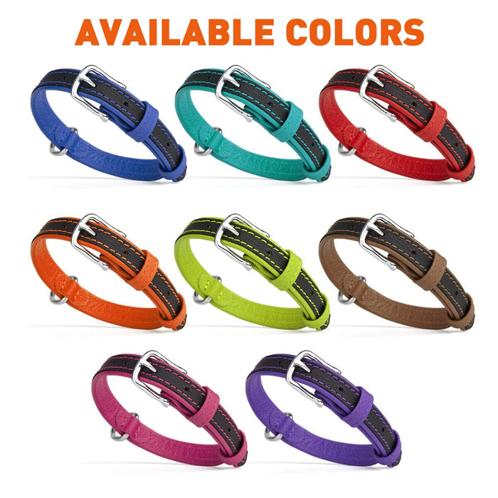 Leather collars for dogs with metal hardware, flat design, 8 dual color combinations available