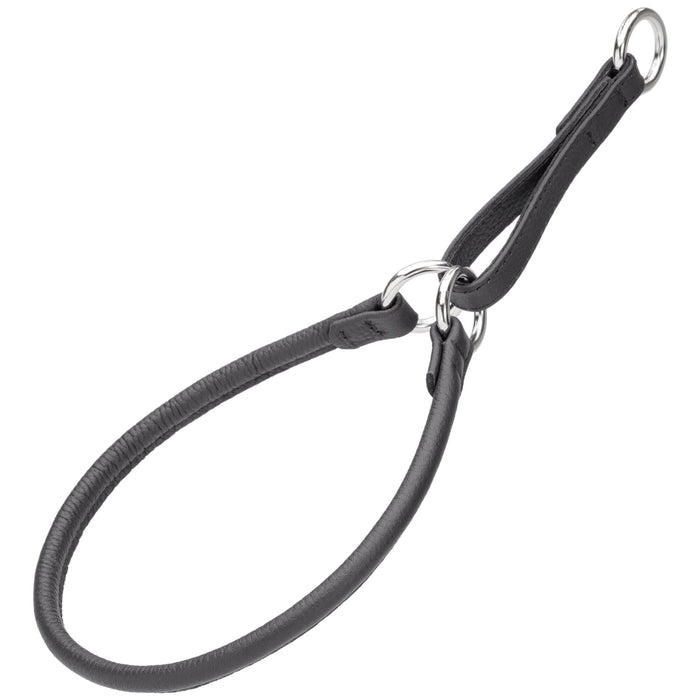 Black martingale collar, made from leather with metal hardware, round, 1/4, 1/3 or 3/8 inch wide