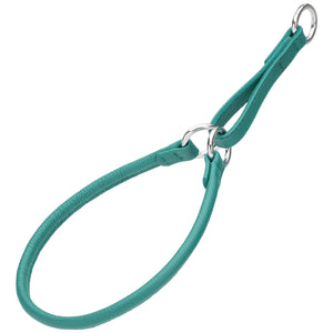 Teal martingale collar, made from leather with metal hardware, round, 1/4, 1/3 or 3/8 inch wide