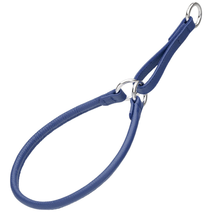 Royal blue martingale collar, made from leather with metal hardware, round, 1/4, 1/3 or 3/8 inch wide
