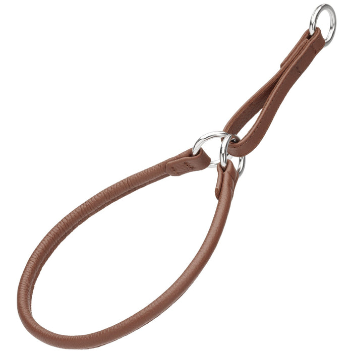 Brown martingale collar, made from leather with metal hardware, round, 1/4, 1/3 or 3/8 inch wide
