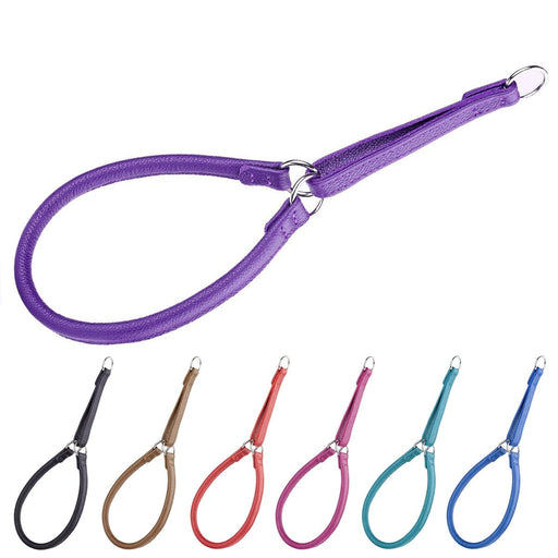 Leather martingale collar for dogs with metal hardware, round design, purple and 6 other color options