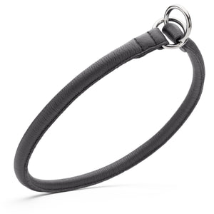 Black leather slip collar for large dogs, 1/2 inch width, round anti matting design with metal hardware