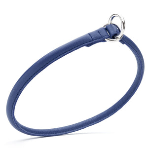 Rolled leather choke dog collar, blue with metal O-rings, width 3/8 inch