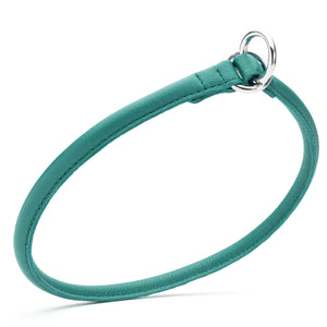 Rolled leather choke dog collar, teal with metal O-rings, width 3/8 inch