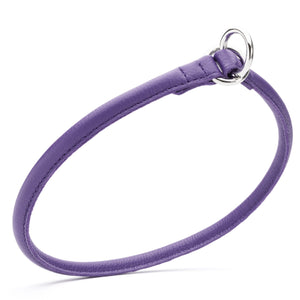 Rolled leather choke dog collar, purple with metal O-rings, width 3/8 inch