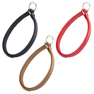 Leather slip collars for dogs, round with metal rings, black, red and brown colors available