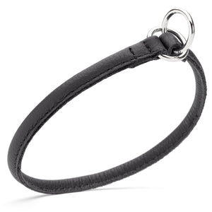 Black leather slip dog collar with two metal O-rings, 1/4 inch width
