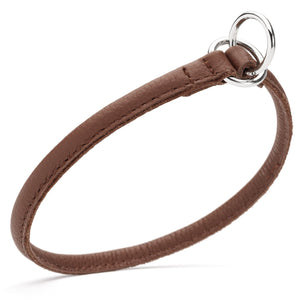 Brown leather slip dog collar with two metal O-rings, 1/4 inch width