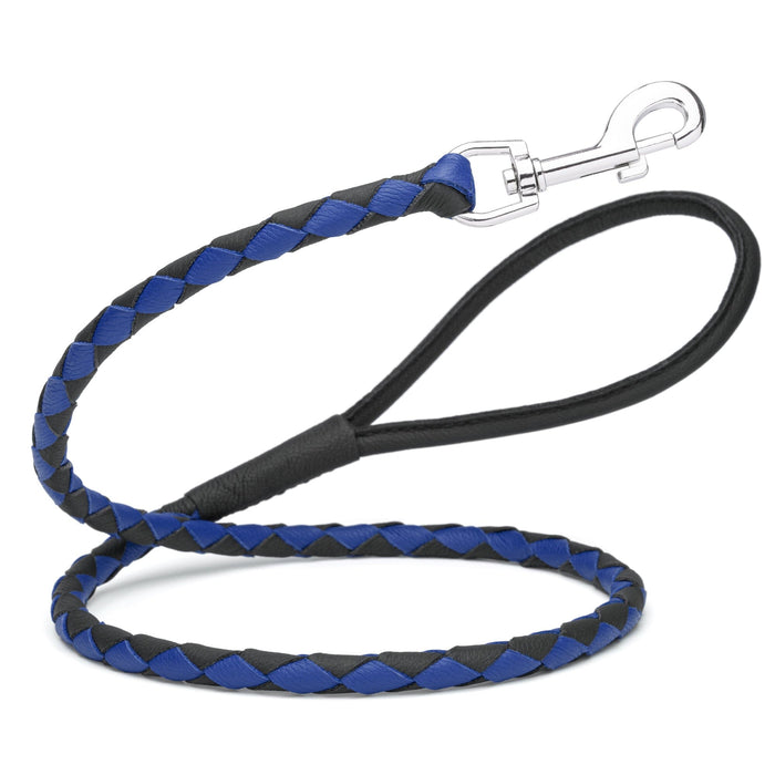 Black and Blue braided leather dog leash with metal snap, 3/8 inch wide