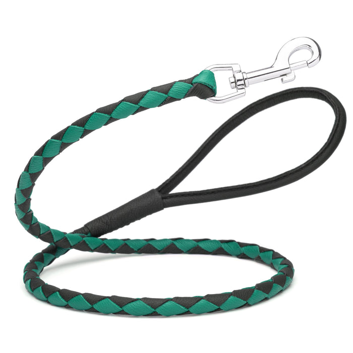 Black and Teal braided leather dog leash with metal snap, 3/8 inch wide