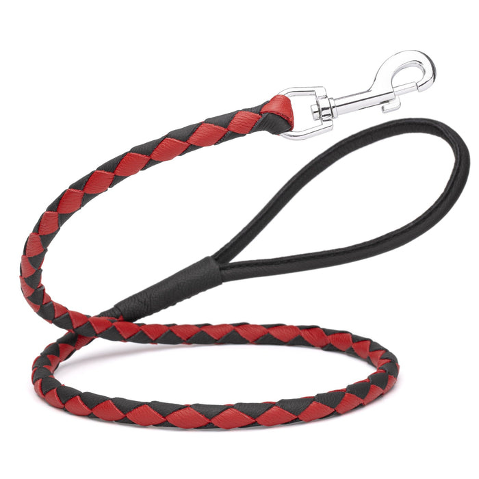 Red and Black braided leather dog leash with metal snap, 3/8 inch wide