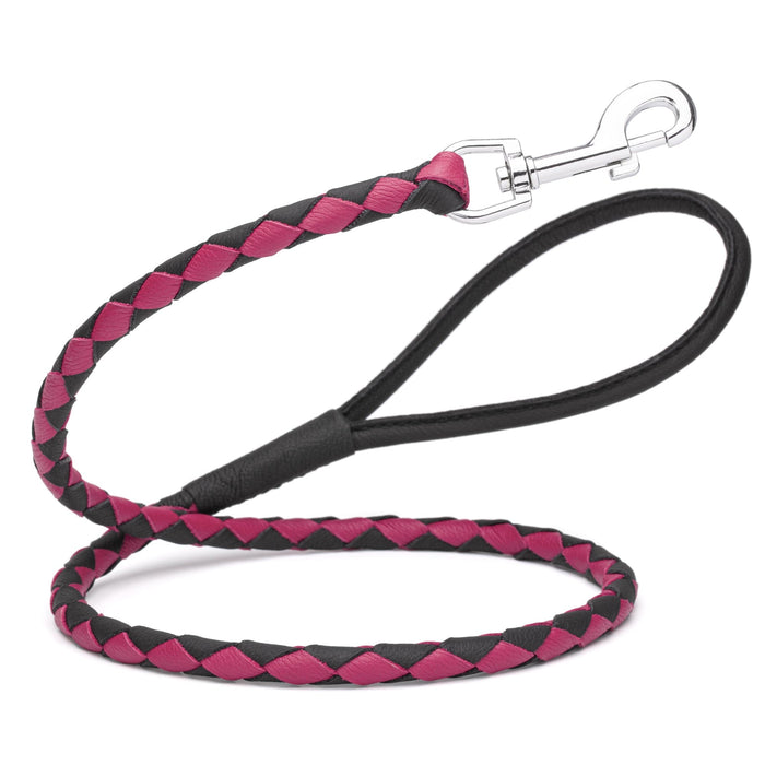 Black and Pink braided leather dog leash with metal snap, 3/8 inch wide