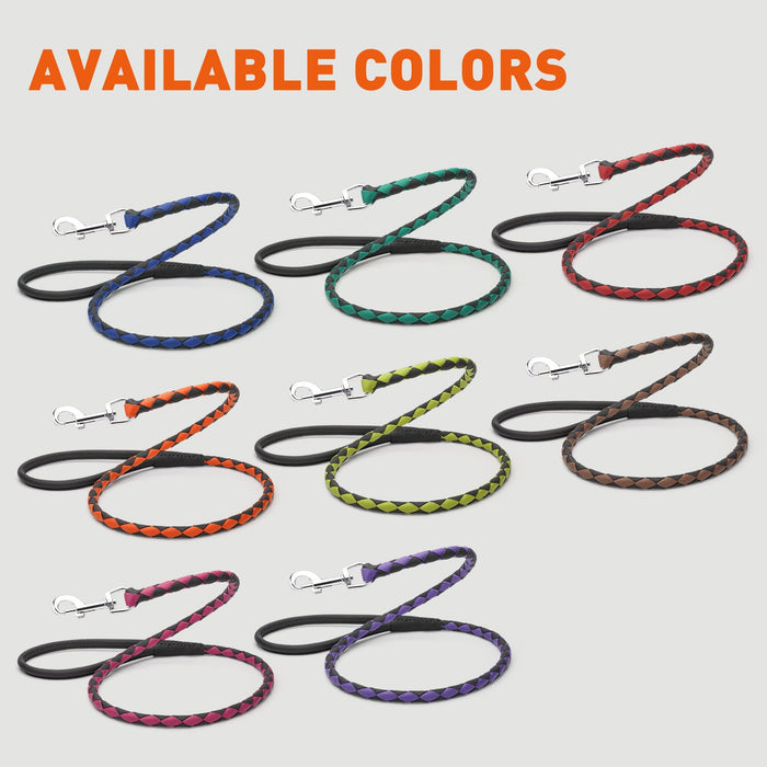 Braided leather dog leashes are available in 8 color combinations
