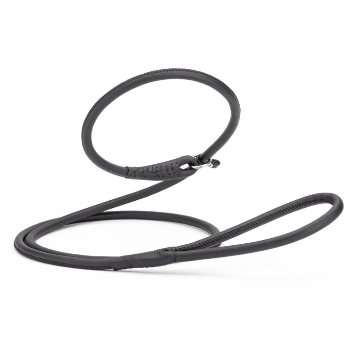 Black leather slip leash for dogs with stopper, 3/8 inch wide