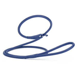 Blue leather slip leash for dogs with stopper, 3/8 inch wide