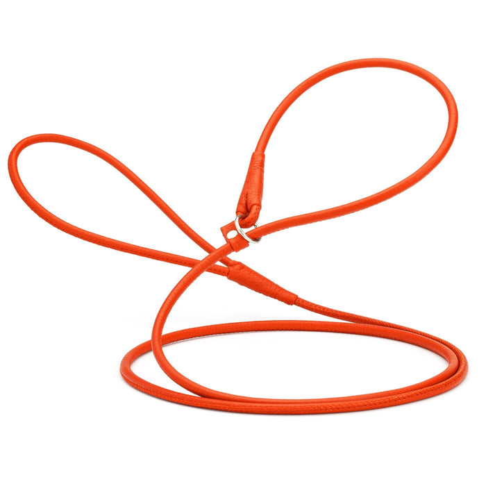 Orange leather slip lead for dogs with stopper, width 1/4 inch